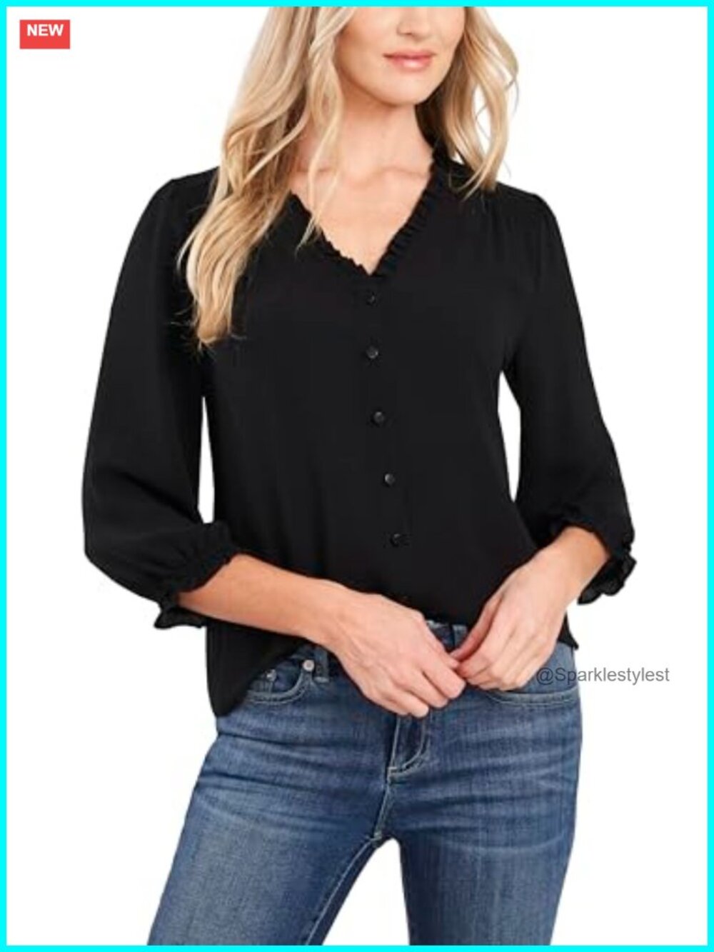 CeCe 3/4 Sleeve Ruffled V-Neck Smocked Blouse Relaxed Fit